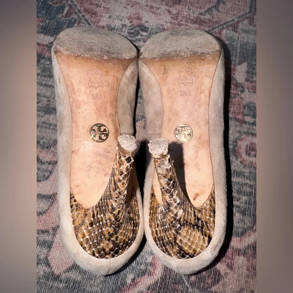 Taupe Tory Burch Mabel Suede Pumps with Snakeskin‎ Heel